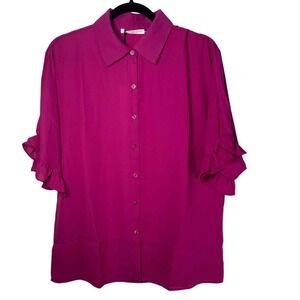 Revolve Three Eighty Two Short Sleeve Button Fuchsia Flutter Sleeve Blouse Med.